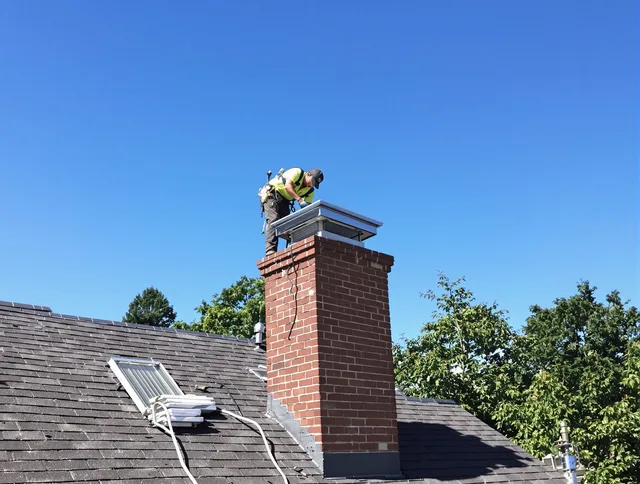 Huntersville Chimney Sweep technician measuring a chimney cap in Huntersville, NC