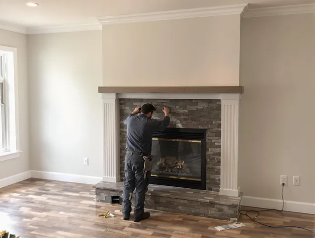 Huntersville Chimney Sweep finishing a custom fireplace install in Huntersville, NC